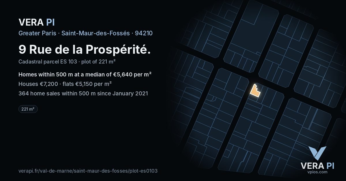 9 Rue de la Prospérité, Saint-Maur-des-Fossés at night – the plot lit, the parcels around coloured by the prices near them