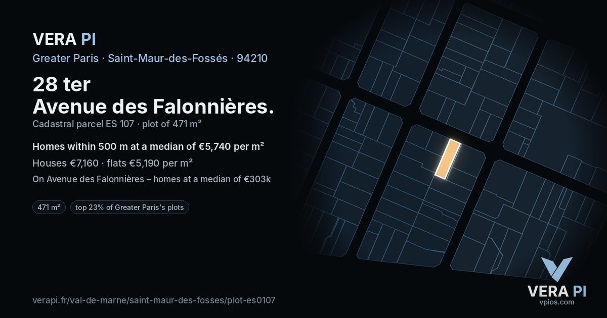 28 ter Avenue des Falonnières, Saint-Maur-des-Fossés at night – the plot lit, the parcels around coloured by the prices near them