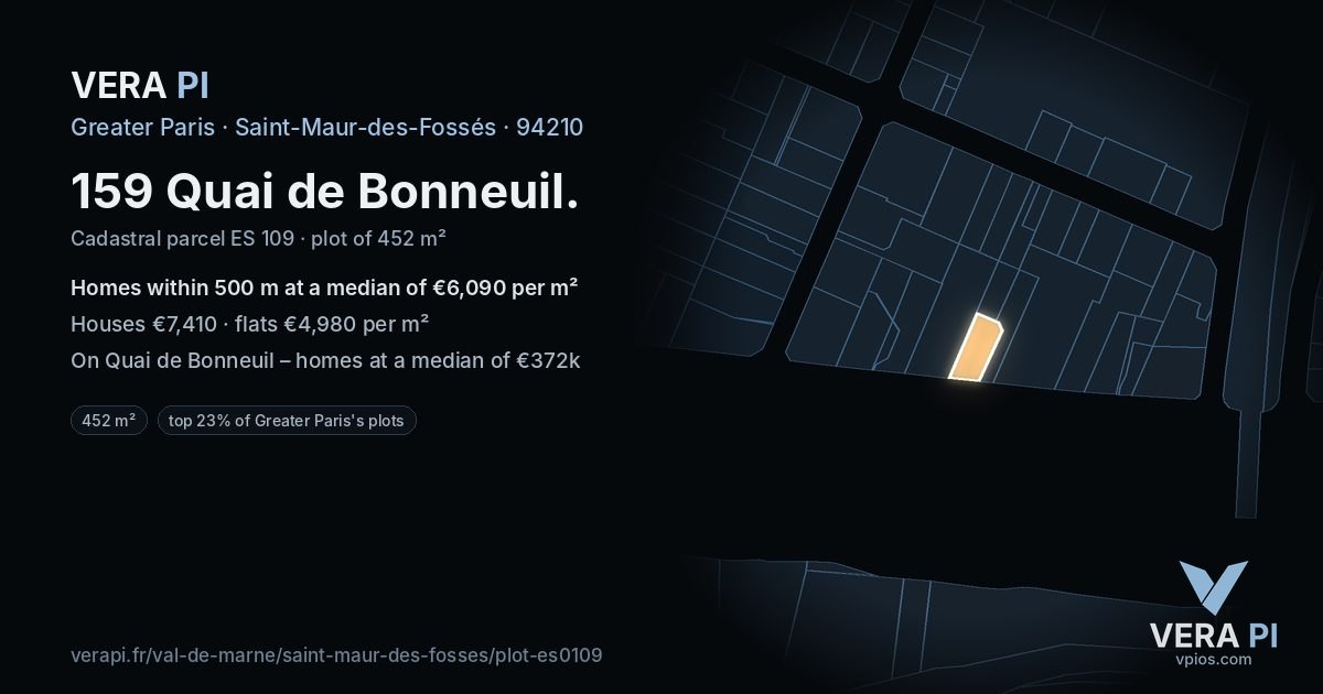 159 Quai de Bonneuil, Saint-Maur-des-Fossés at night – the plot lit, the parcels around coloured by the prices near them
