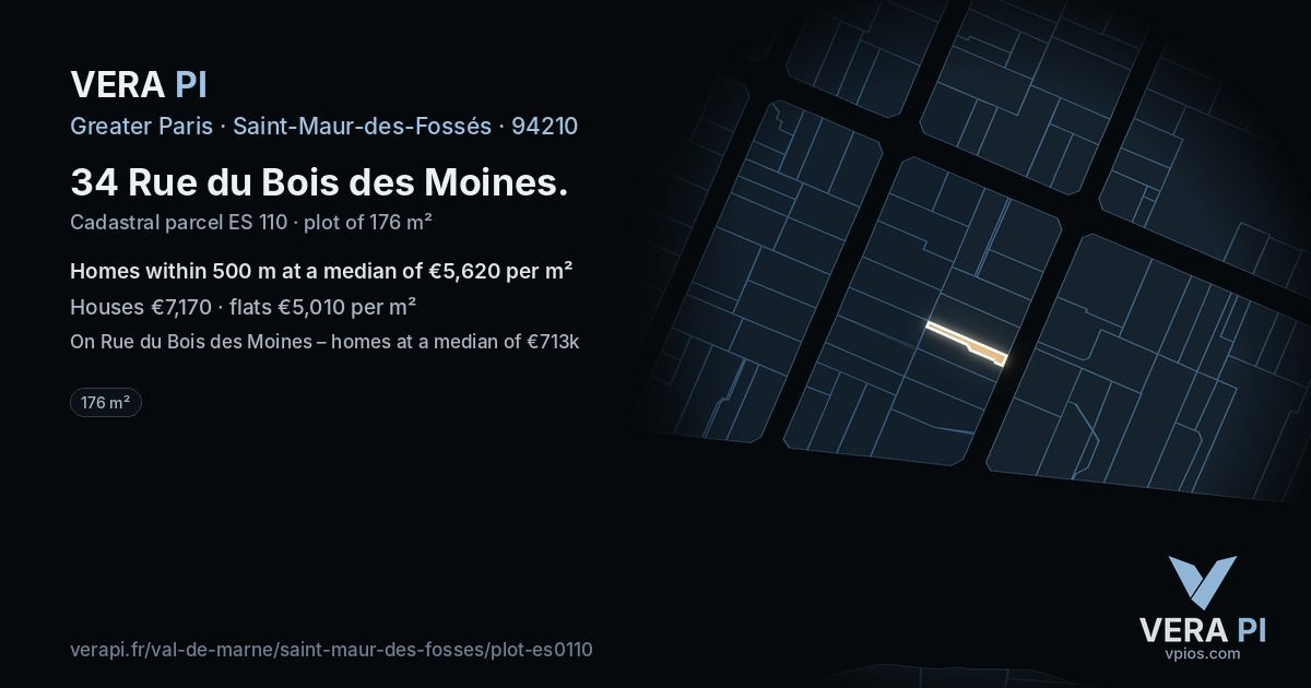34 Rue du Bois des Moines, Saint-Maur-des-Fossés at night – the plot lit, the parcels around coloured by the prices near them