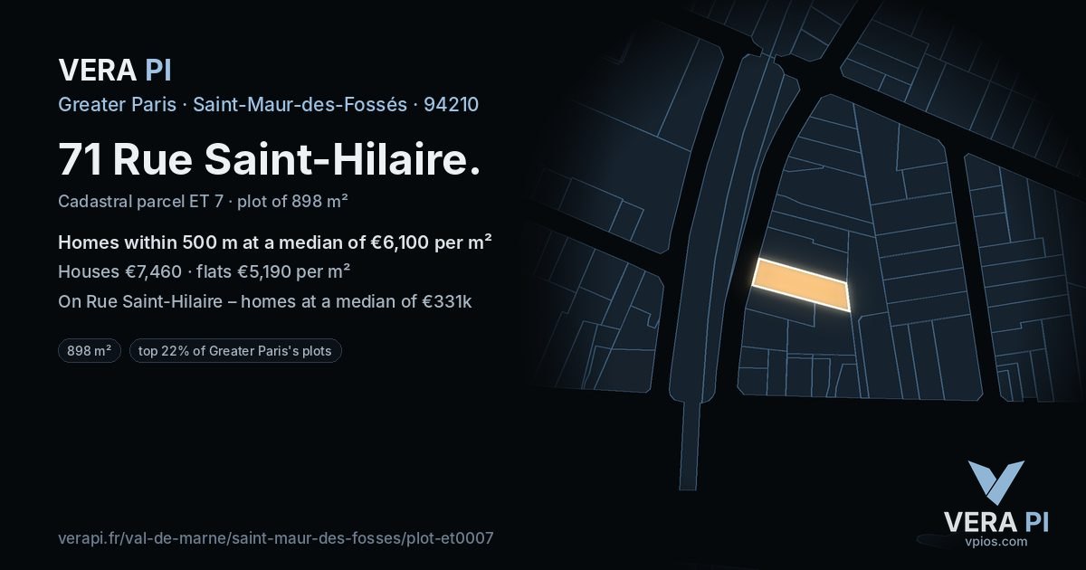 71 Rue Saint-Hilaire, Saint-Maur-des-Fossés at night – the plot lit, the parcels around coloured by the prices near them