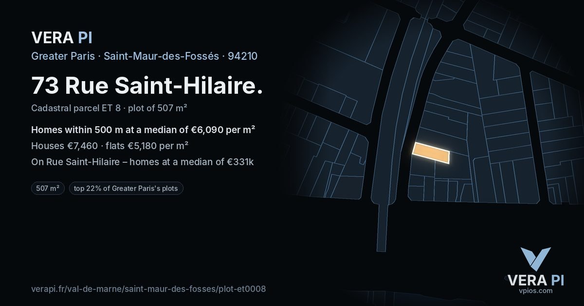 73 Rue Saint-Hilaire, Saint-Maur-des-Fossés at night – the plot lit, the parcels around coloured by the prices near them