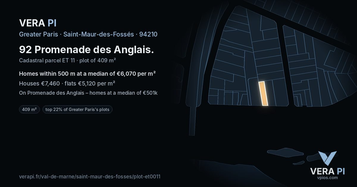 92 Promenade des Anglais, Saint-Maur-des-Fossés at night – the plot lit, the parcels around coloured by the prices near them