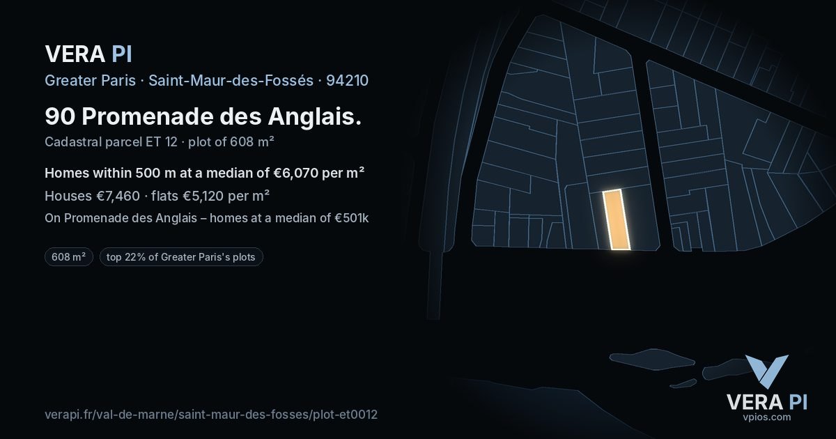 90 Promenade des Anglais, Saint-Maur-des-Fossés at night – the plot lit, the parcels around coloured by the prices near them