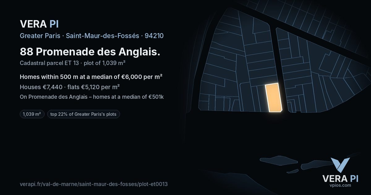 88 Promenade des Anglais, Saint-Maur-des-Fossés at night – the plot lit, the parcels around coloured by the prices near them
