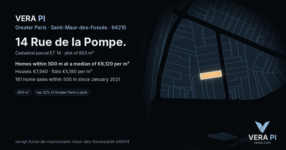 14 Rue de la Pompe, Saint-Maur-des-Fossés at night – the plot lit, the parcels around coloured by the prices near them