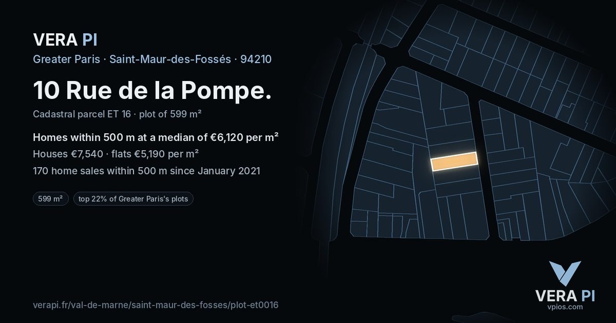 10 Rue de la Pompe, Saint-Maur-des-Fossés at night – the plot lit, the parcels around coloured by the prices near them