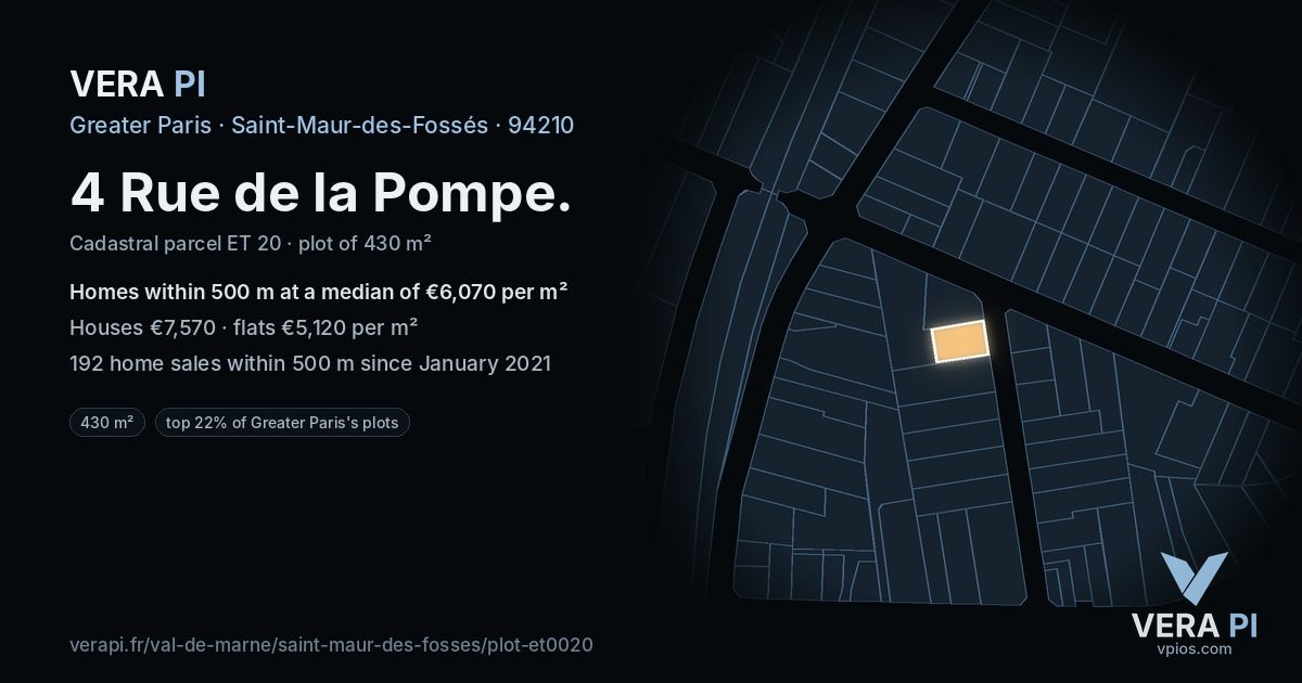 4 Rue de la Pompe, Saint-Maur-des-Fossés at night – the plot lit, the parcels around coloured by the prices near them