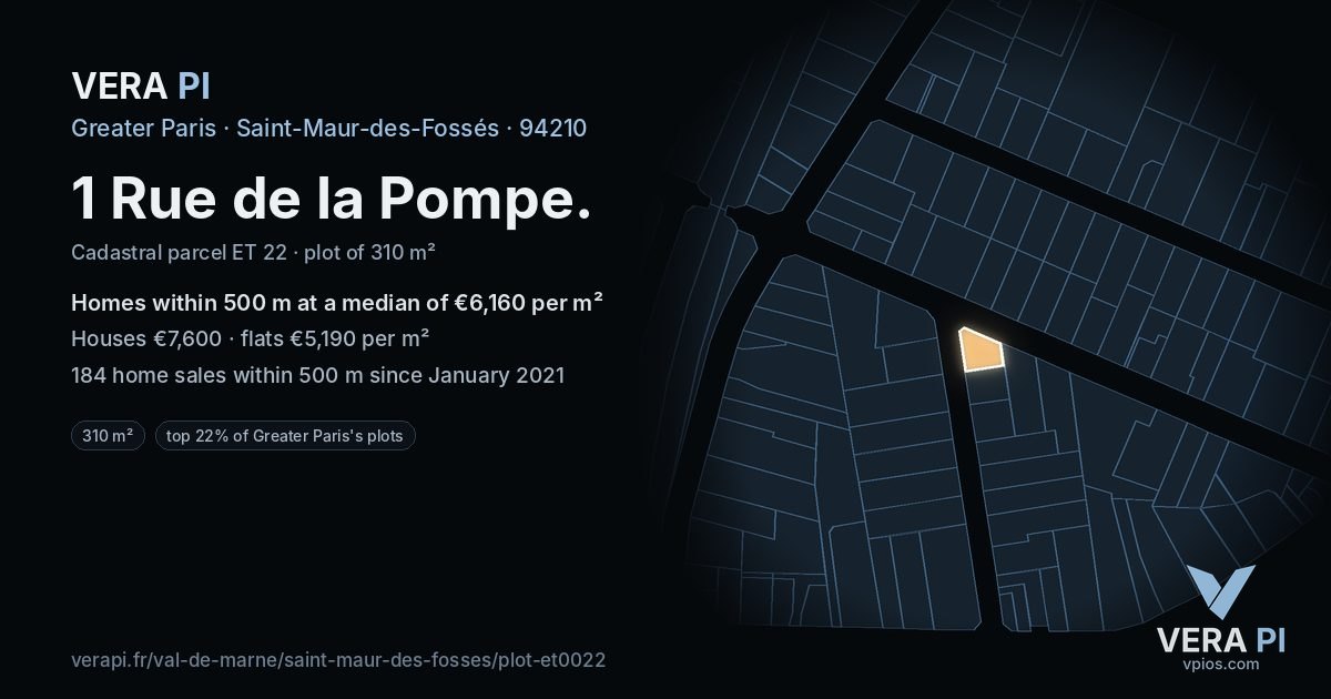 1 Rue de la Pompe, Saint-Maur-des-Fossés at night – the plot lit, the parcels around coloured by the prices near them