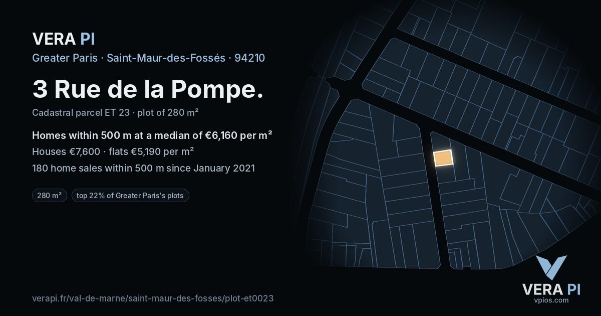 3 Rue de la Pompe, Saint-Maur-des-Fossés at night – the plot lit, the parcels around coloured by the prices near them