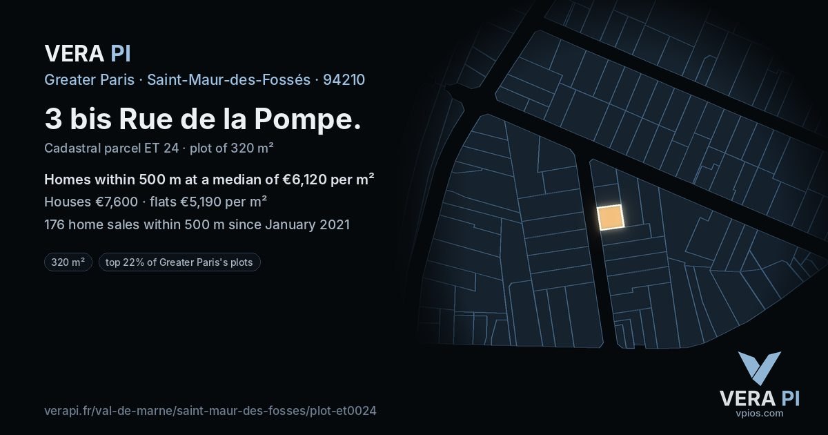 3 bis Rue de la Pompe, Saint-Maur-des-Fossés at night – the plot lit, the parcels around coloured by the prices near them
