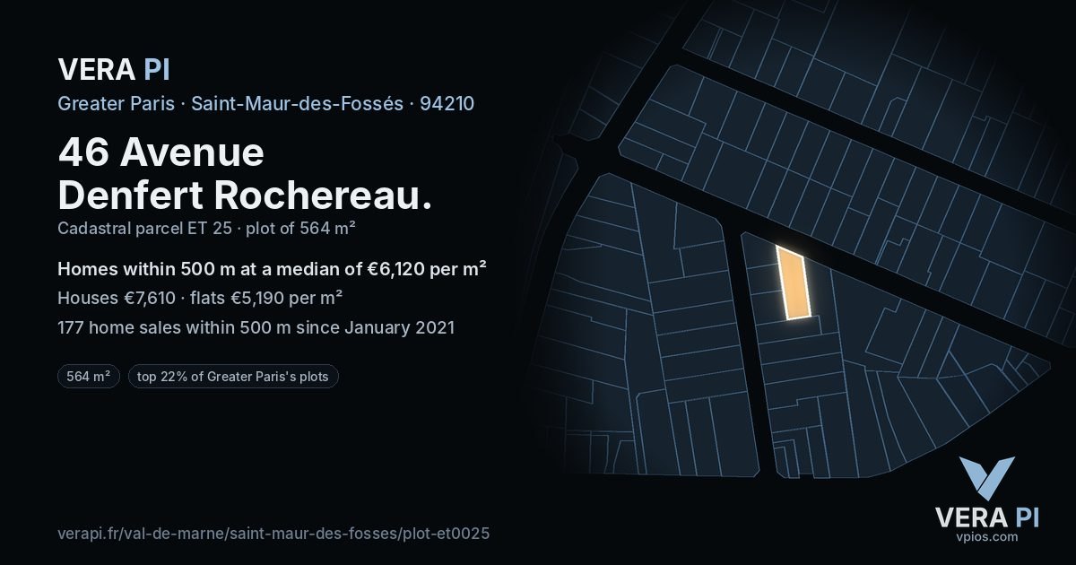 46 Avenue Denfert Rochereau, Saint-Maur-des-Fossés at night – the plot lit, the parcels around coloured by the prices near them