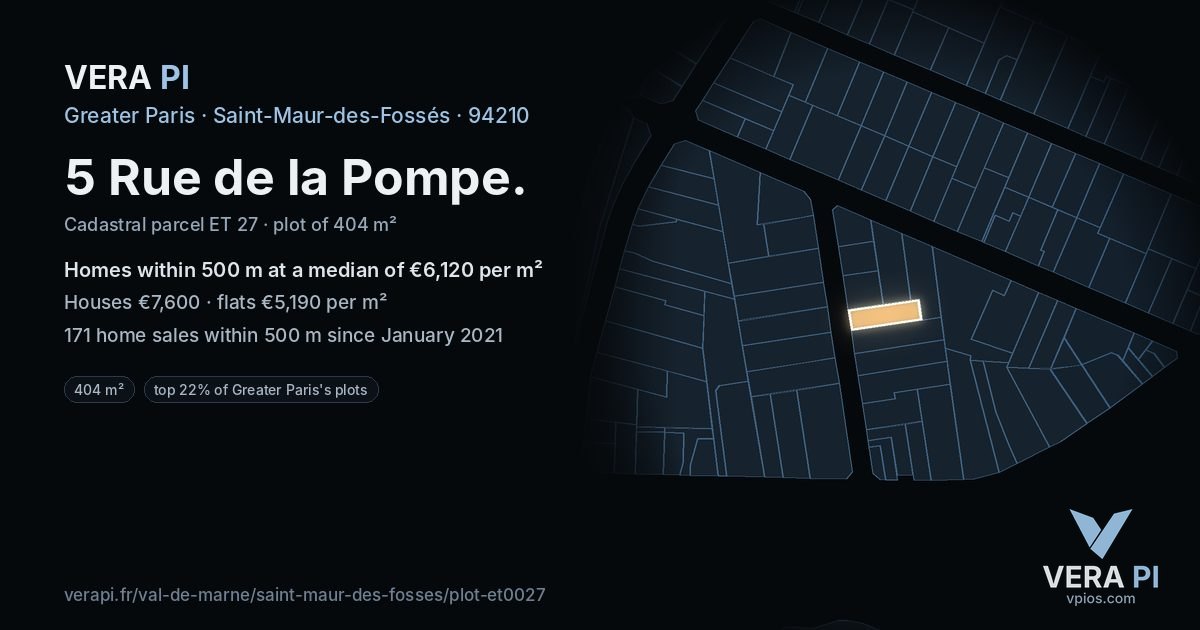 5 Rue de la Pompe, Saint-Maur-des-Fossés at night – the plot lit, the parcels around coloured by the prices near them