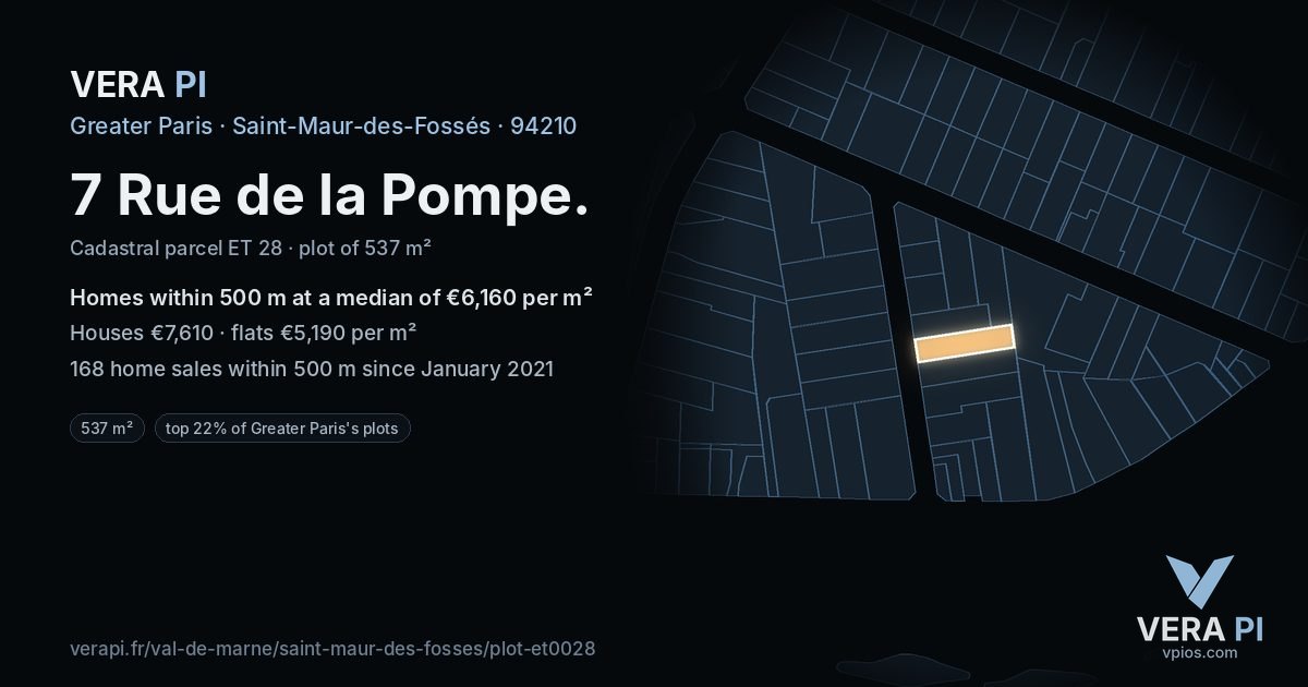 7 Rue de la Pompe, Saint-Maur-des-Fossés at night – the plot lit, the parcels around coloured by the prices near them