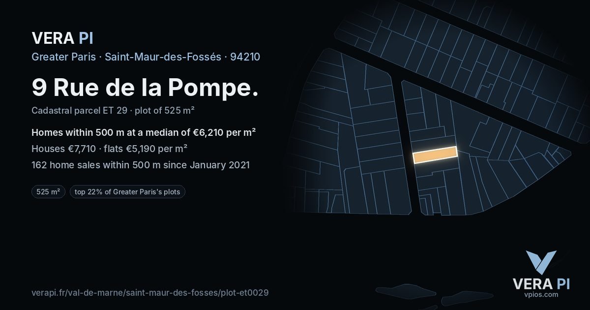 9 Rue de la Pompe, Saint-Maur-des-Fossés at night – the plot lit, the parcels around coloured by the prices near them