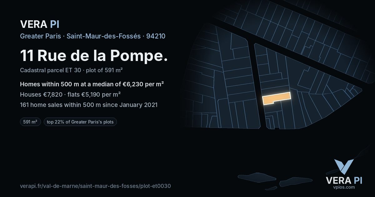 11 Rue de la Pompe, Saint-Maur-des-Fossés at night – the plot lit, the parcels around coloured by the prices near them
