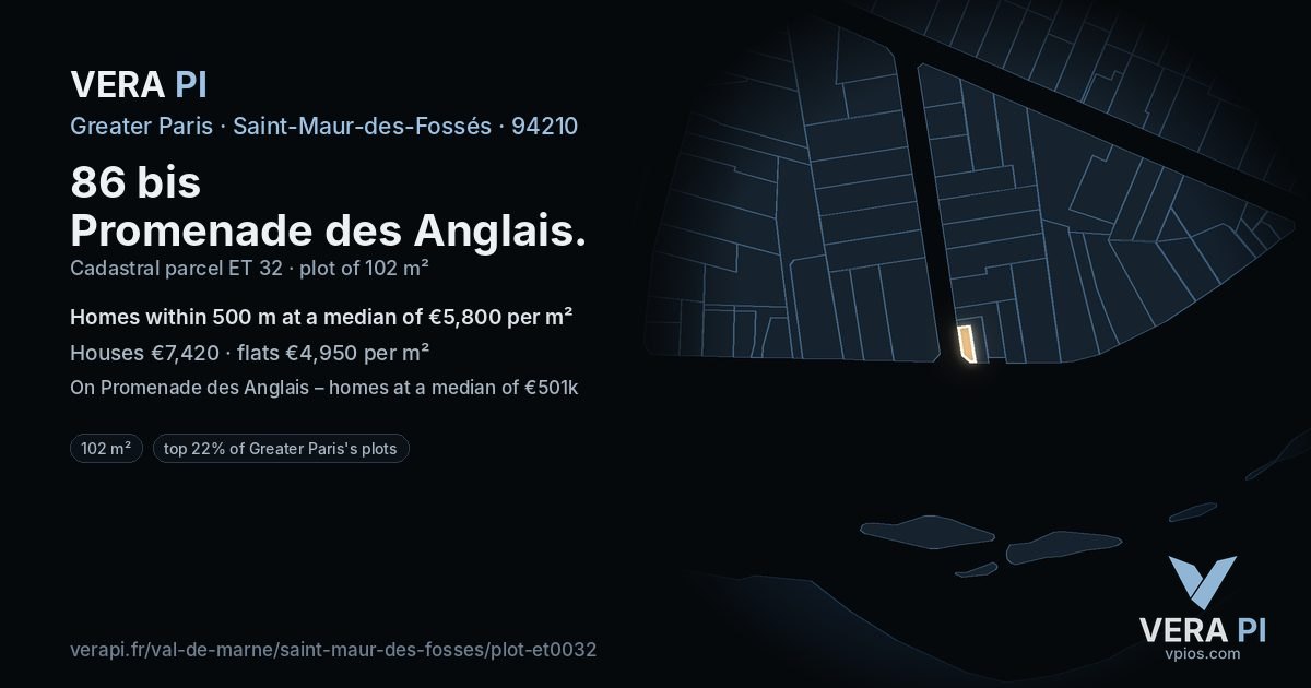 86 bis Promenade des Anglais, Saint-Maur-des-Fossés at night – the plot lit, the parcels around coloured by the prices near them
