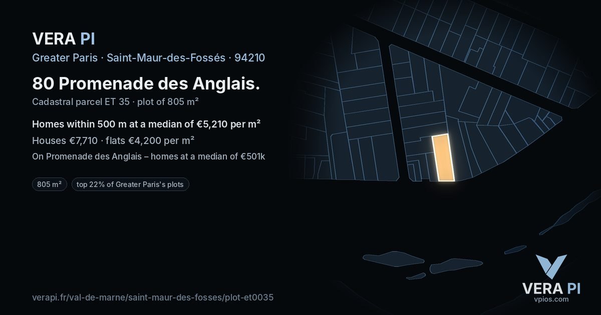 80 Promenade des Anglais, Saint-Maur-des-Fossés at night – the plot lit, the parcels around coloured by the prices near them