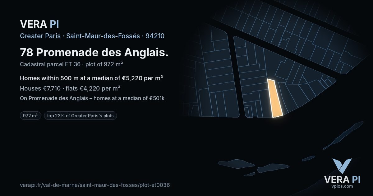 78 Promenade des Anglais, Saint-Maur-des-Fossés at night – the plot lit, the parcels around coloured by the prices near them