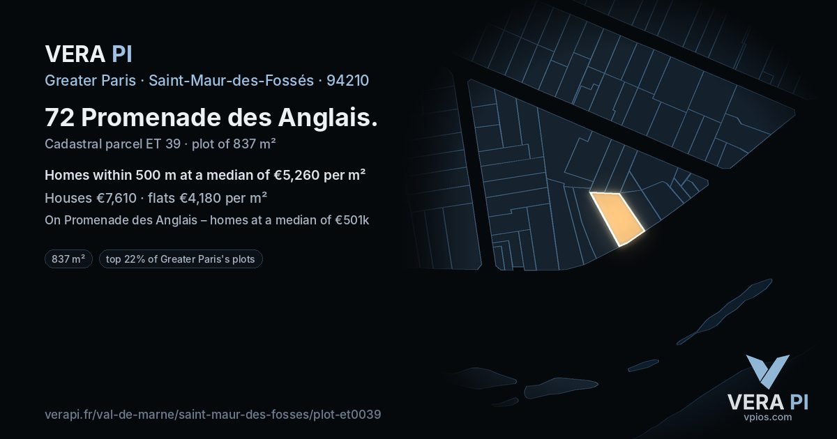 72 Promenade des Anglais, Saint-Maur-des-Fossés at night – the plot lit, the parcels around coloured by the prices near them