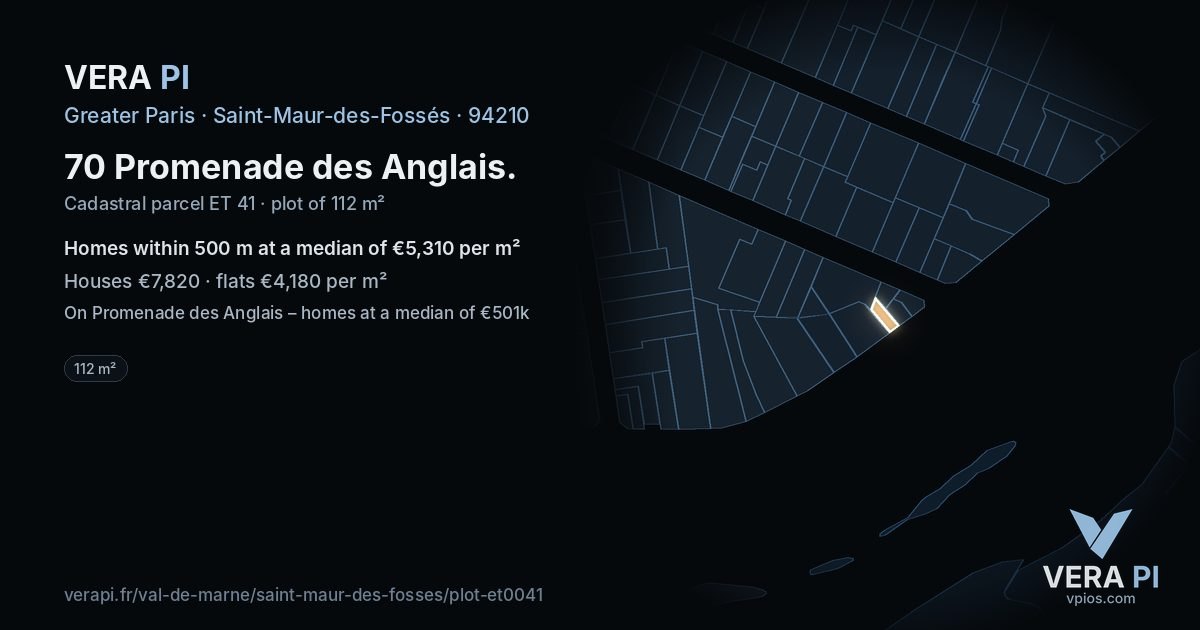 70 Promenade des Anglais, Saint-Maur-des-Fossés at night – the plot lit, the parcels around coloured by the prices near them