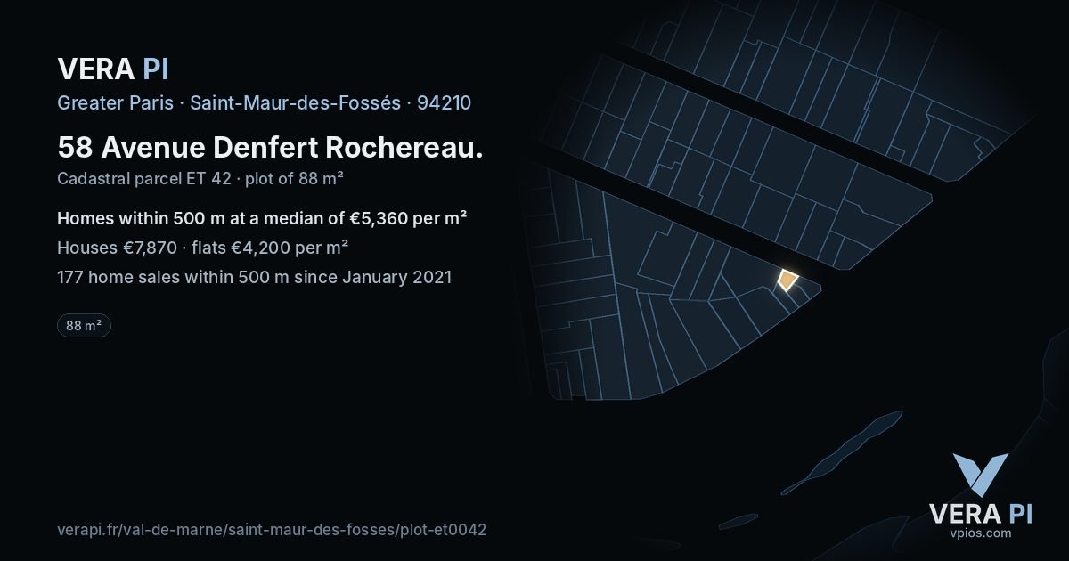 58 Avenue Denfert Rochereau, Saint-Maur-des-Fossés at night – the plot lit, the parcels around coloured by the prices near them
