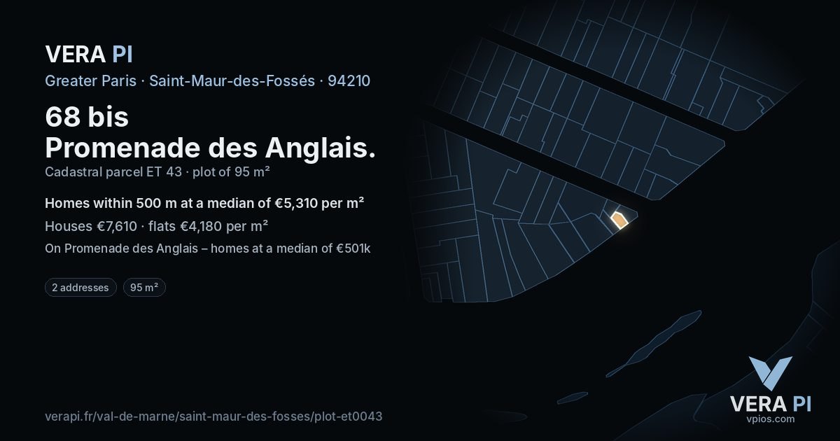 68 bis Promenade des Anglais, Saint-Maur-des-Fossés at night – the plot lit, the parcels around coloured by the prices near them
