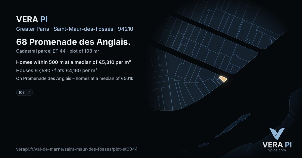 68 Promenade des Anglais, Saint-Maur-des-Fossés at night – the plot lit, the parcels around coloured by the prices near them