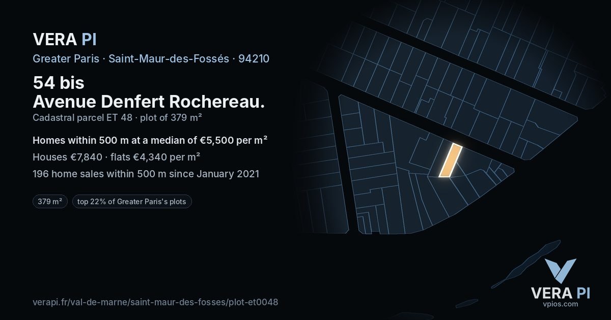 54 bis Avenue Denfert Rochereau, Saint-Maur-des-Fossés at night – the plot lit, the parcels around coloured by the prices near them