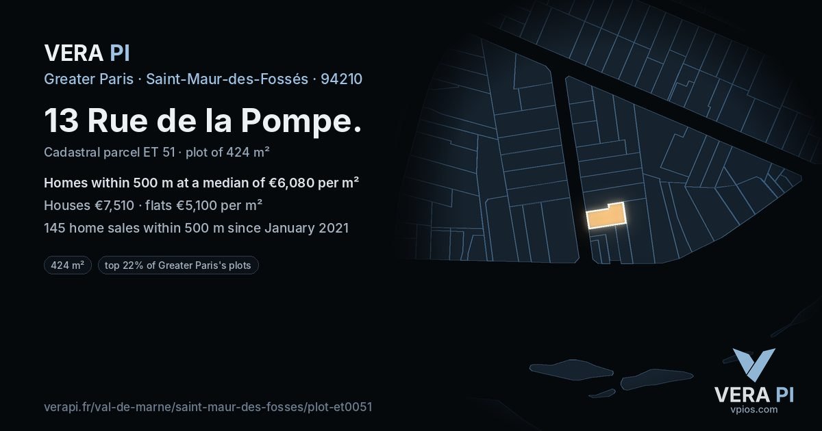 13 Rue de la Pompe, Saint-Maur-des-Fossés at night – the plot lit, the parcels around coloured by the prices near them