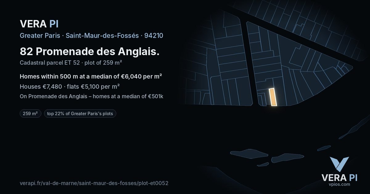 82 Promenade des Anglais, Saint-Maur-des-Fossés at night – the plot lit, the parcels around coloured by the prices near them