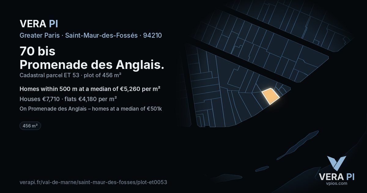 70 bis Promenade des Anglais, Saint-Maur-des-Fossés at night – the plot lit, the parcels around coloured by the prices near them