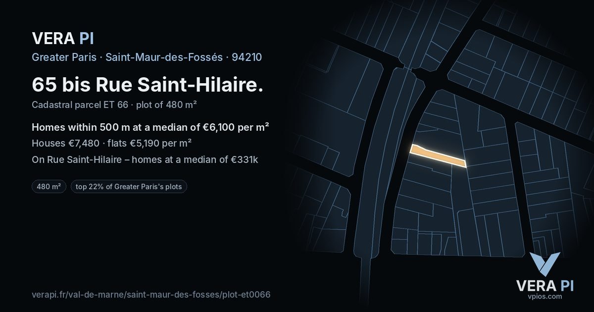 65 bis Rue Saint-Hilaire, Saint-Maur-des-Fossés at night – the plot lit, the parcels around coloured by the prices near them