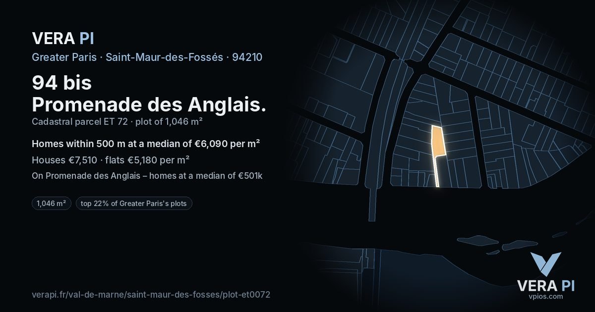 94 bis Promenade des Anglais, Saint-Maur-des-Fossés at night – the plot lit, the parcels around coloured by the prices near them