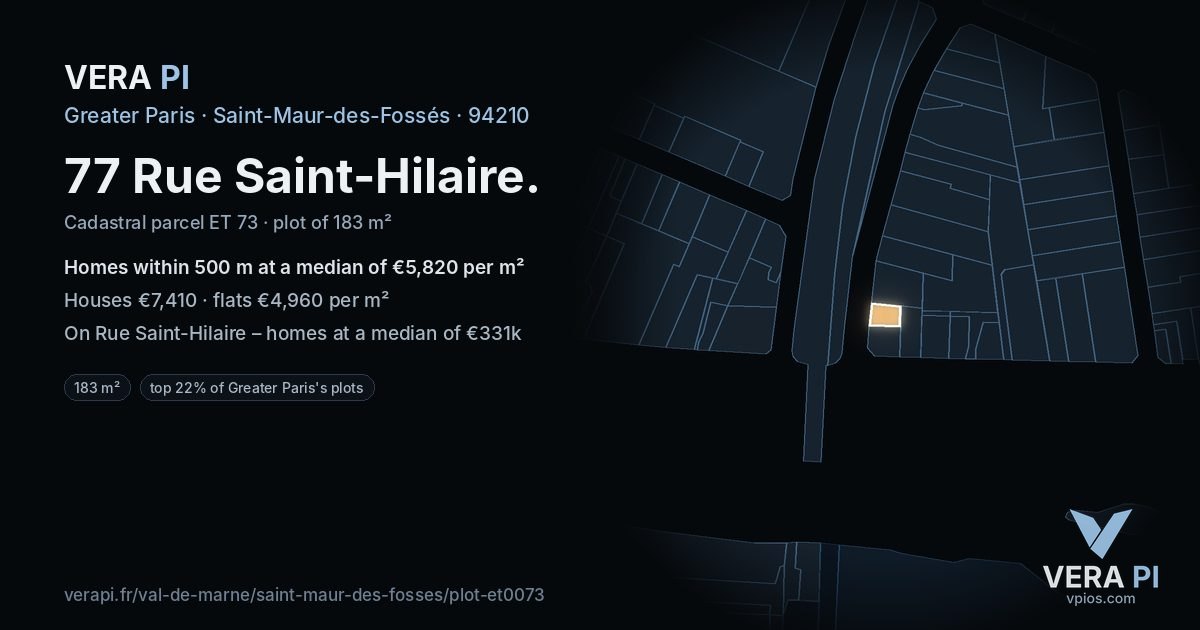 77 Rue Saint-Hilaire, Saint-Maur-des-Fossés at night – the plot lit, the parcels around coloured by the prices near them
