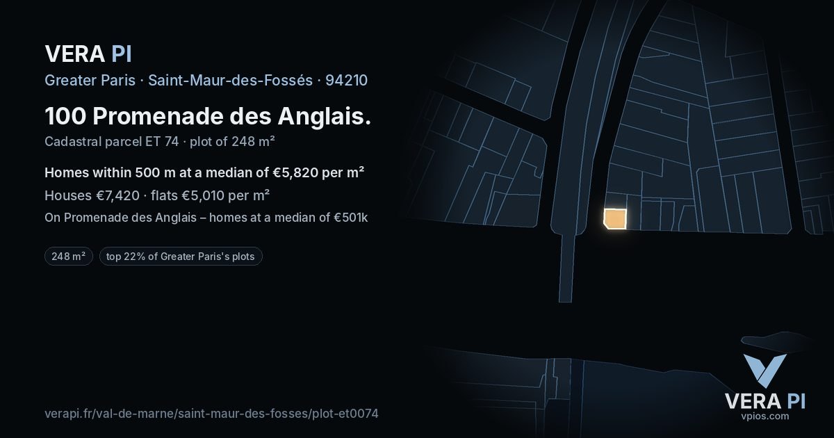 100 Promenade des Anglais, Saint-Maur-des-Fossés at night – the plot lit, the parcels around coloured by the prices near them