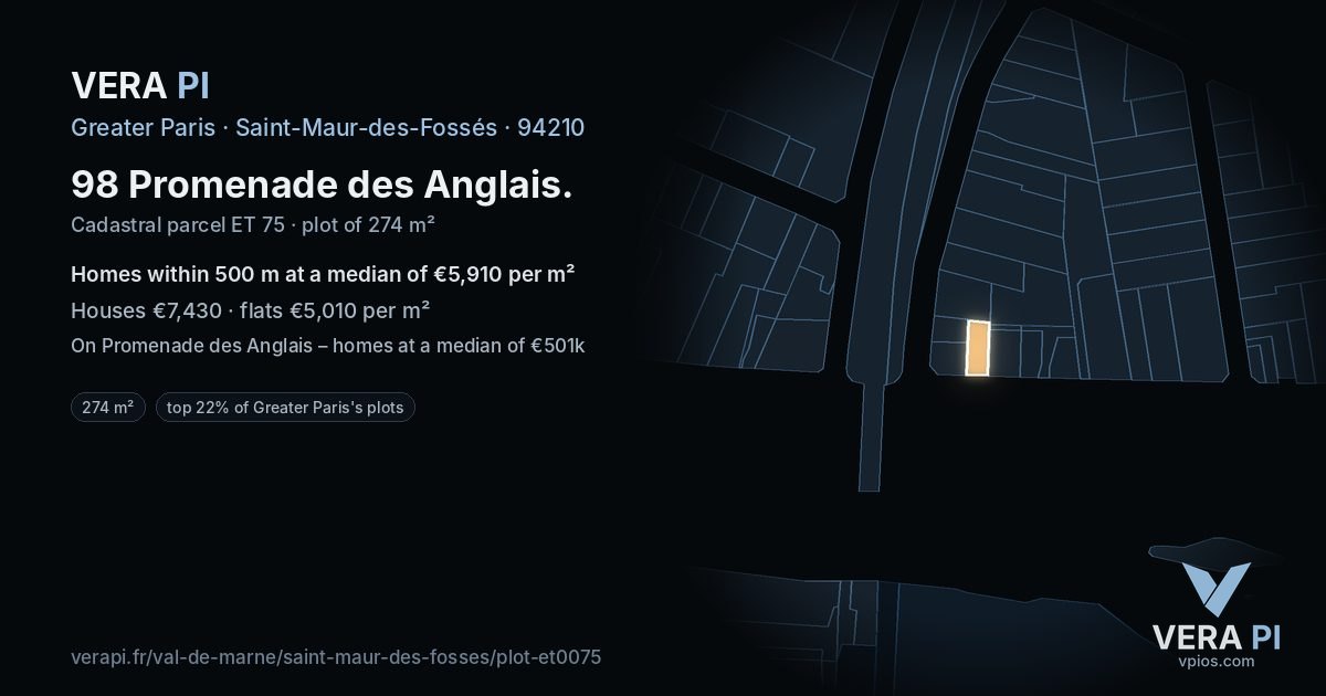 98 Promenade des Anglais, Saint-Maur-des-Fossés at night – the plot lit, the parcels around coloured by the prices near them