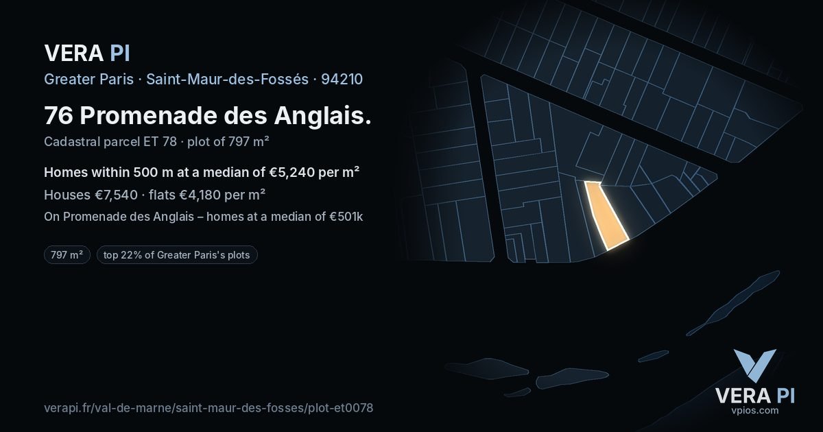 76 Promenade des Anglais, Saint-Maur-des-Fossés at night – the plot lit, the parcels around coloured by the prices near them