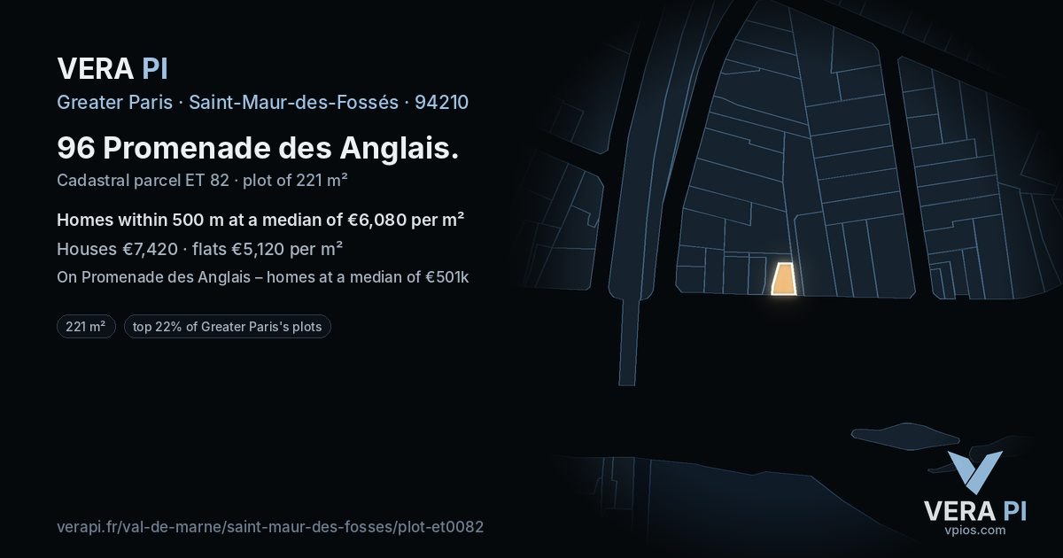 96 Promenade des Anglais, Saint-Maur-des-Fossés at night – the plot lit, the parcels around coloured by the prices near them