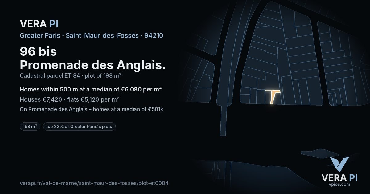 96 bis Promenade des Anglais, Saint-Maur-des-Fossés at night – the plot lit, the parcels around coloured by the prices near them
