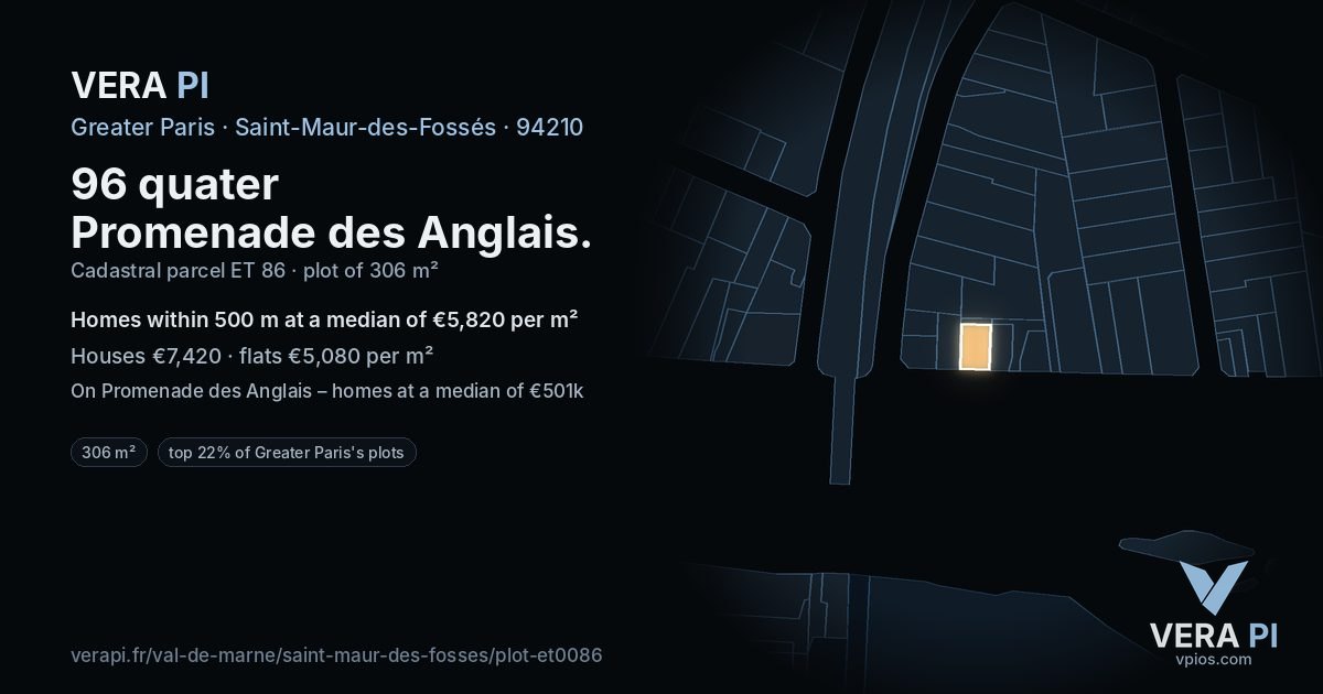 96 quater Promenade des Anglais, Saint-Maur-des-Fossés at night – the plot lit, the parcels around coloured by the prices near them