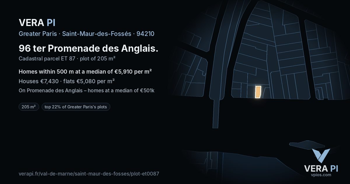 96 ter Promenade des Anglais, Saint-Maur-des-Fossés at night – the plot lit, the parcels around coloured by the prices near them