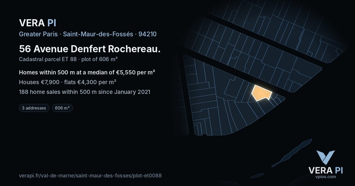 56 Avenue Denfert Rochereau, Saint-Maur-des-Fossés at night – the plot lit, the parcels around coloured by the prices near them