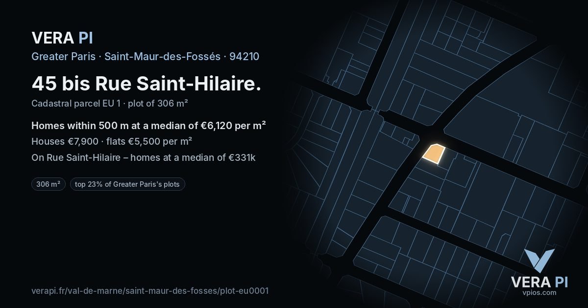 45 bis Rue Saint-Hilaire, Saint-Maur-des-Fossés at night – the plot lit, the parcels around coloured by the prices near them