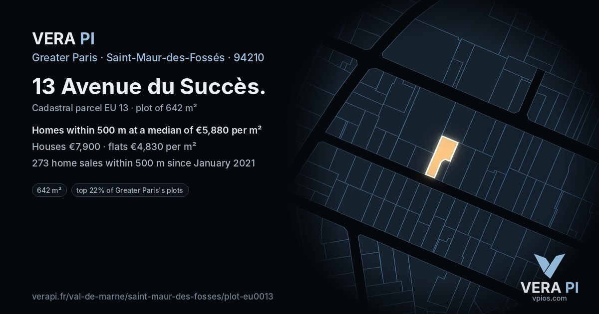13 Avenue du Succès, Saint-Maur-des-Fossés at night – the plot lit, the parcels around coloured by the prices near them