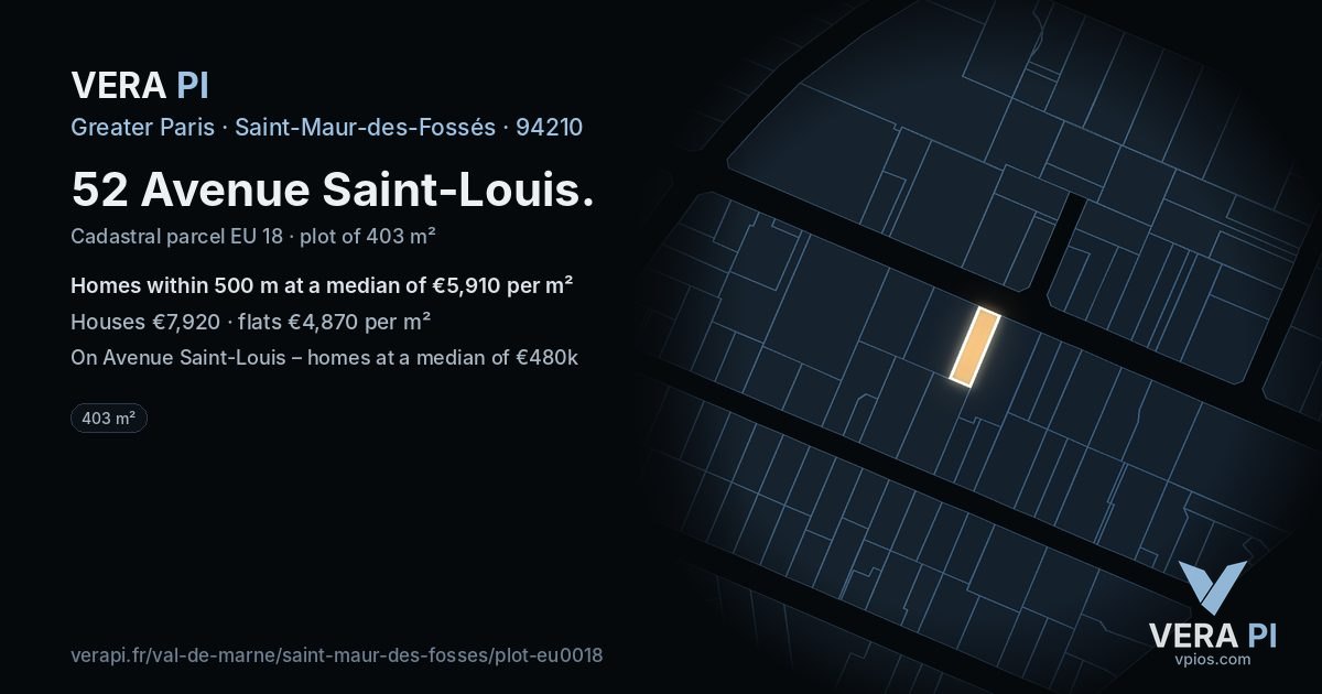 52 Avenue Saint-Louis, Saint-Maur-des-Fossés at night – the plot lit, the parcels around coloured by the prices near them
