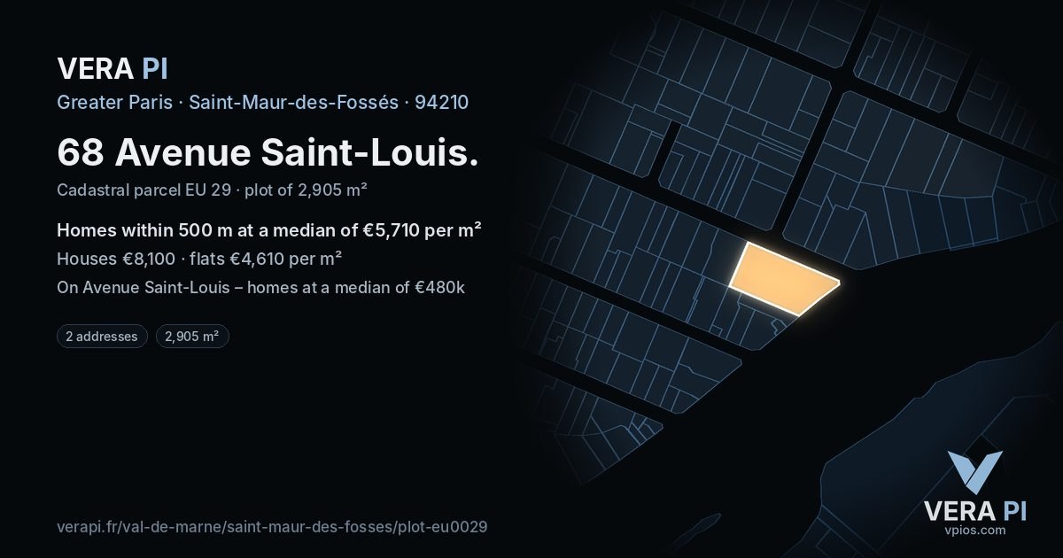 68 Avenue Saint-Louis, Saint-Maur-des-Fossés at night – the plot lit, the parcels around coloured by the prices near them