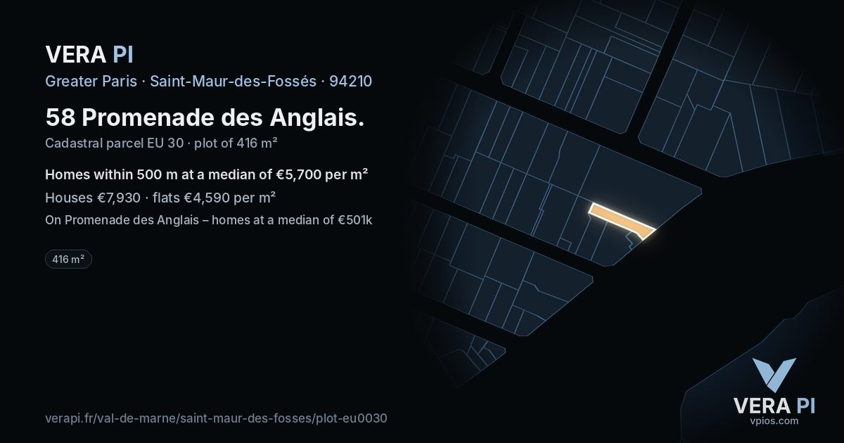 58 Promenade des Anglais, Saint-Maur-des-Fossés at night – the plot lit, the parcels around coloured by the prices near them