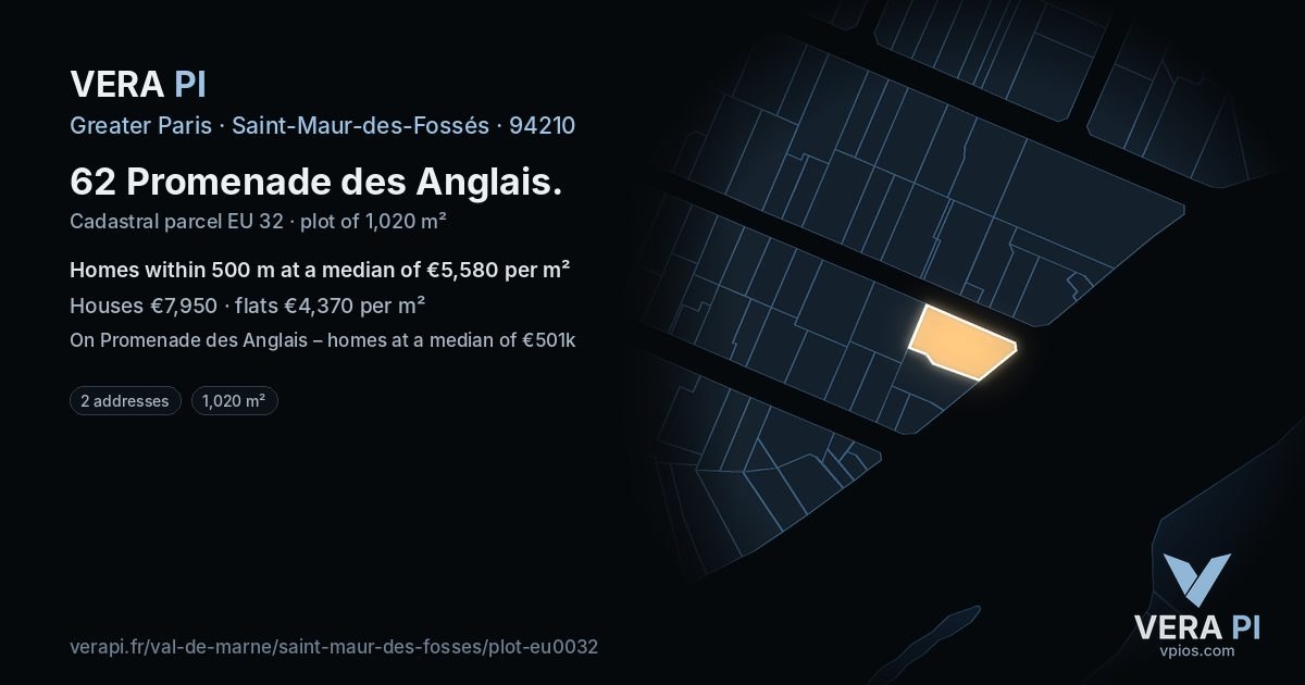62 Promenade des Anglais, Saint-Maur-des-Fossés at night – the plot lit, the parcels around coloured by the prices near them