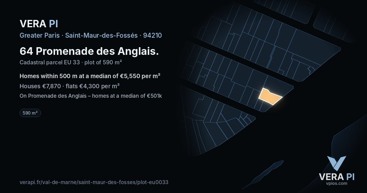 64 Promenade des Anglais, Saint-Maur-des-Fossés at night – the plot lit, the parcels around coloured by the prices near them